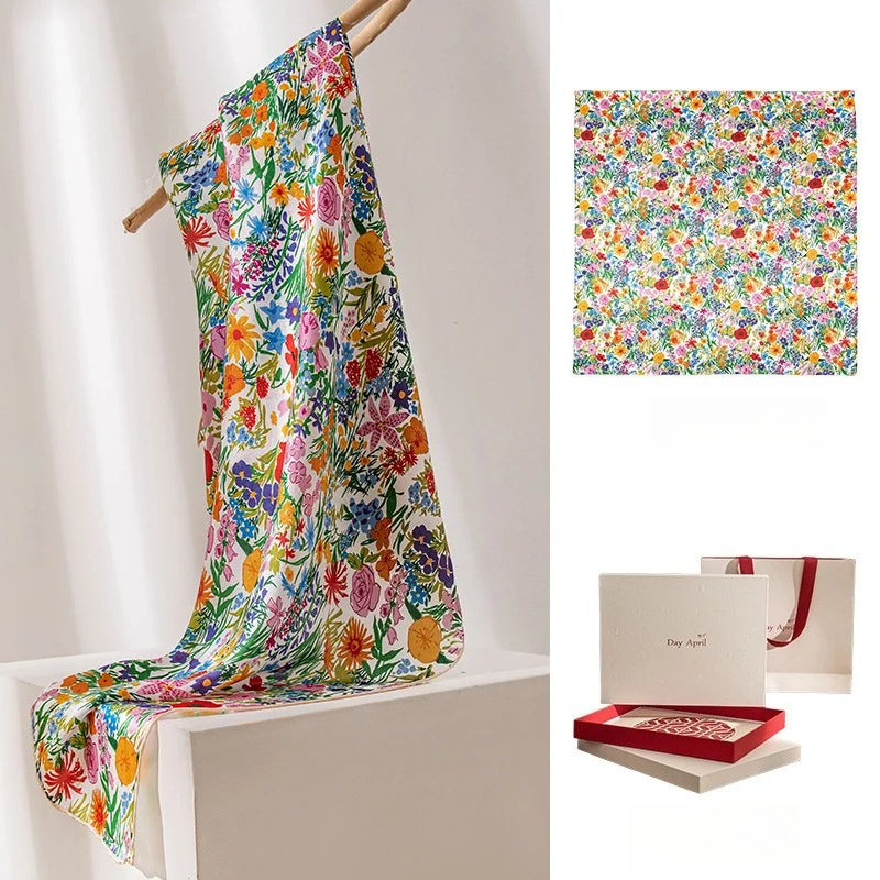 Square & Long 100% Mulberry Silk Scarf – Floral Print Lightweight Shawl, 34 x 34 in