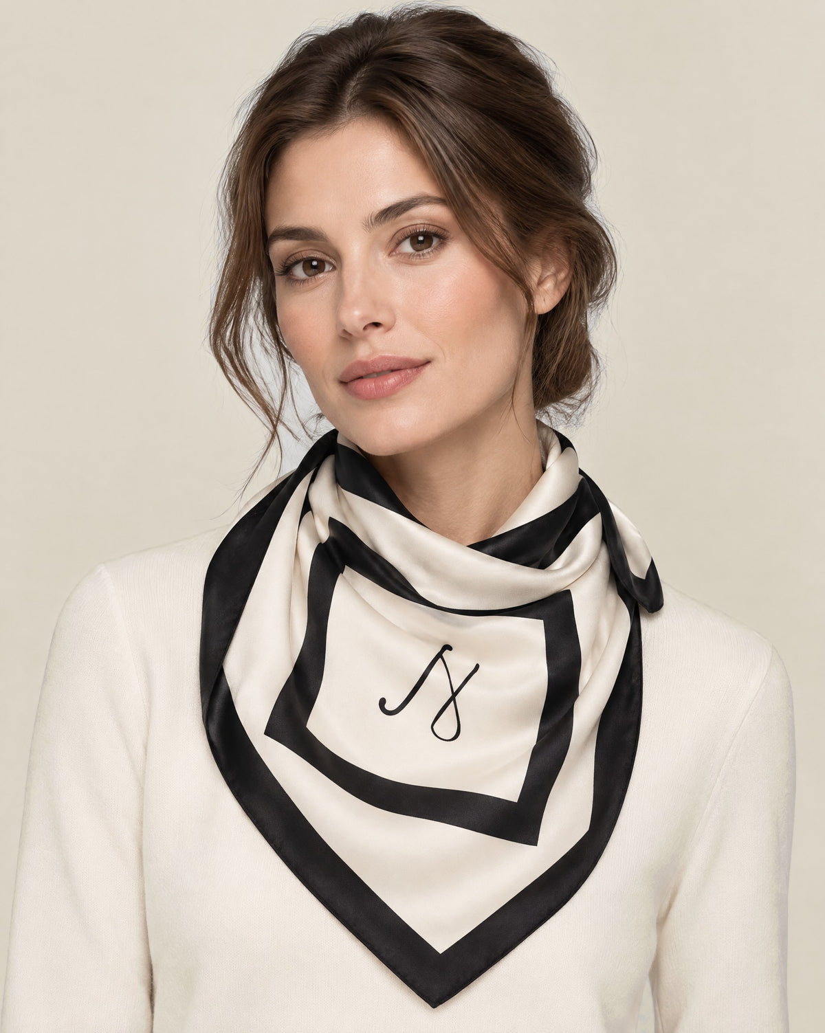 Woman wearing Black white geometric mulberry silk square scarf