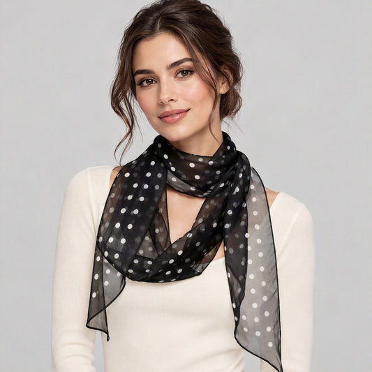Mini Dot Mulberry Silk Long Scarf – 13 x 63 in, worn tied at the neck over a cream top