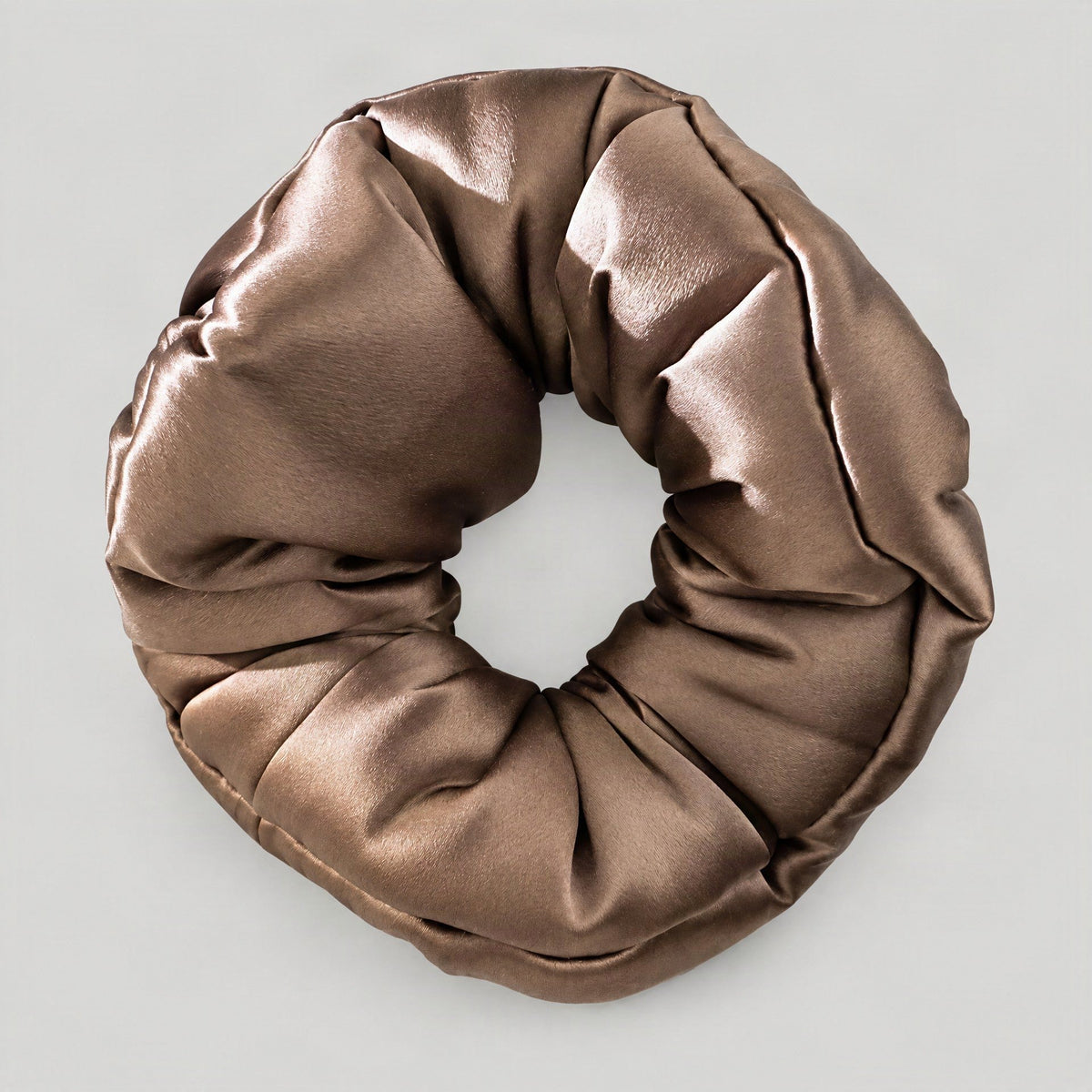 SuuSilk 30 Momme padded mulberry silk scrunchie in soft neutral tone, gentle on hair for everyday wear