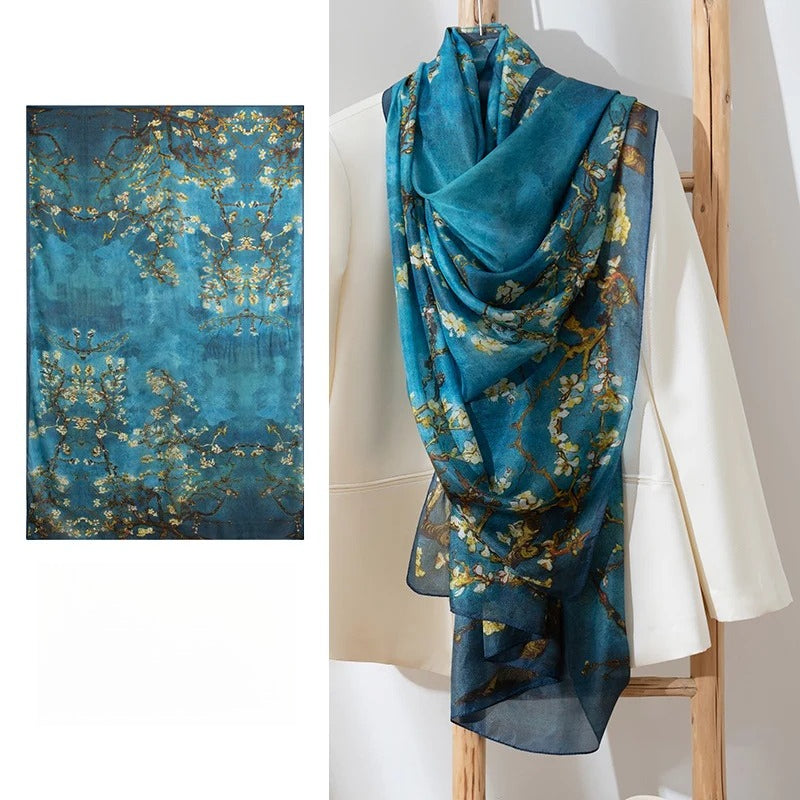 Long 100% Mulberry Silk Scarf – Bohemian Floral Lightweight Shawl, 43 x 69 in