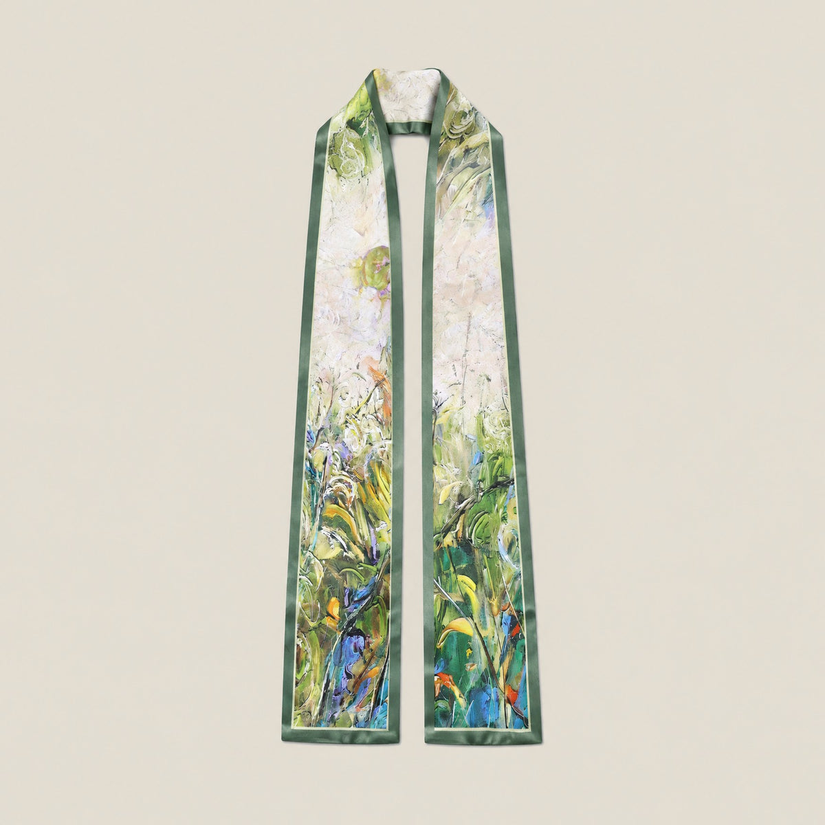 Green Rhapsody slim mulberry silk scarf