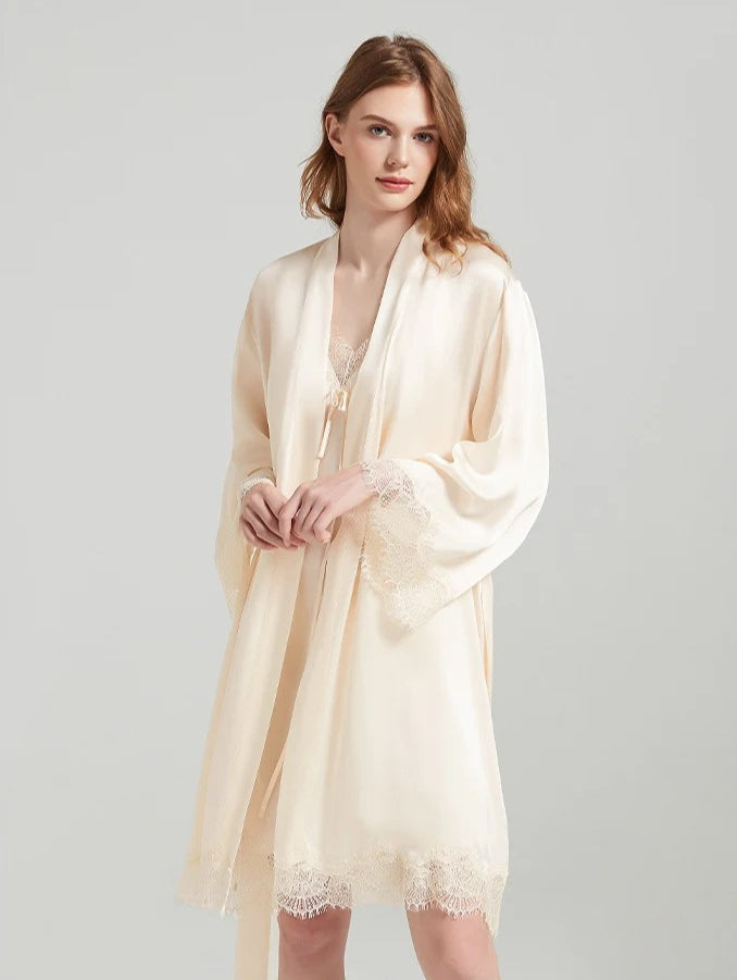 19 Momme Lace-Trim 100% Mulberry Silk Robe & Camisole Set – Women's Sleepwear Loungewear