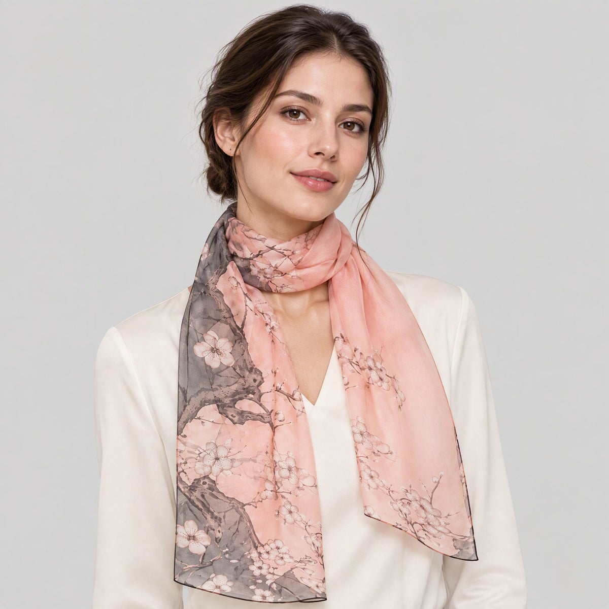 Pink Peony Branch Mulberry Silk Long Scarf – 16.5 x 63 in