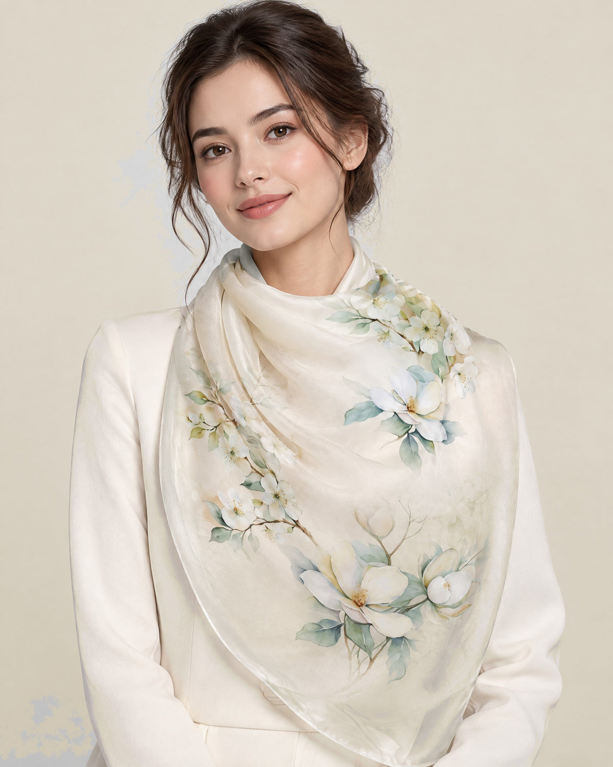 Woman wearing Willow branch mulberry silk scarf
