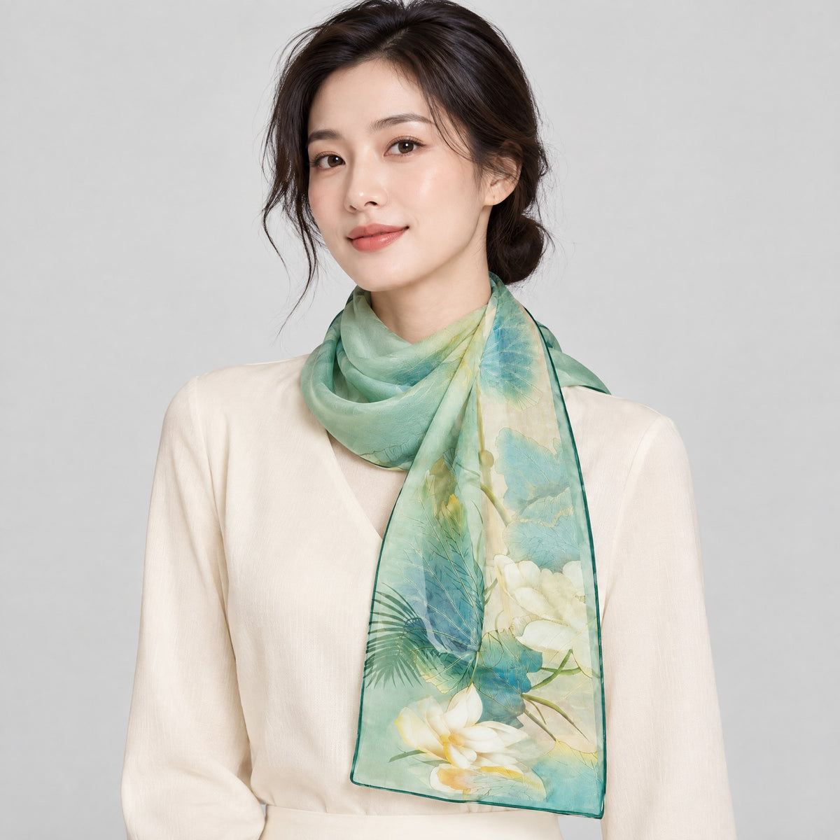 Light Green Lotus Mulberry Silk Long Scarf – 16.5 x 63 in