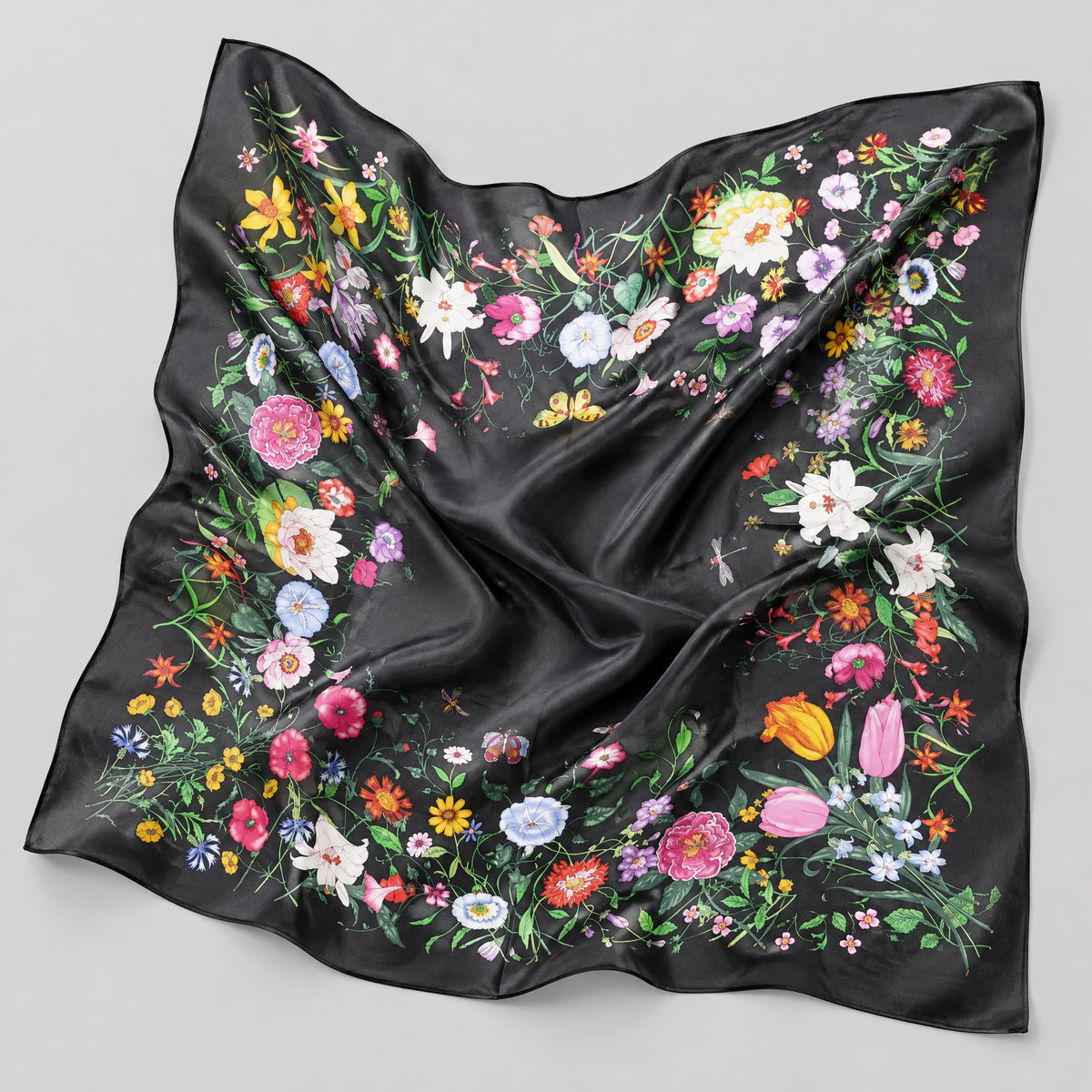 Floral Night Whisper Mulberry Silk Square Scarf – 27 in