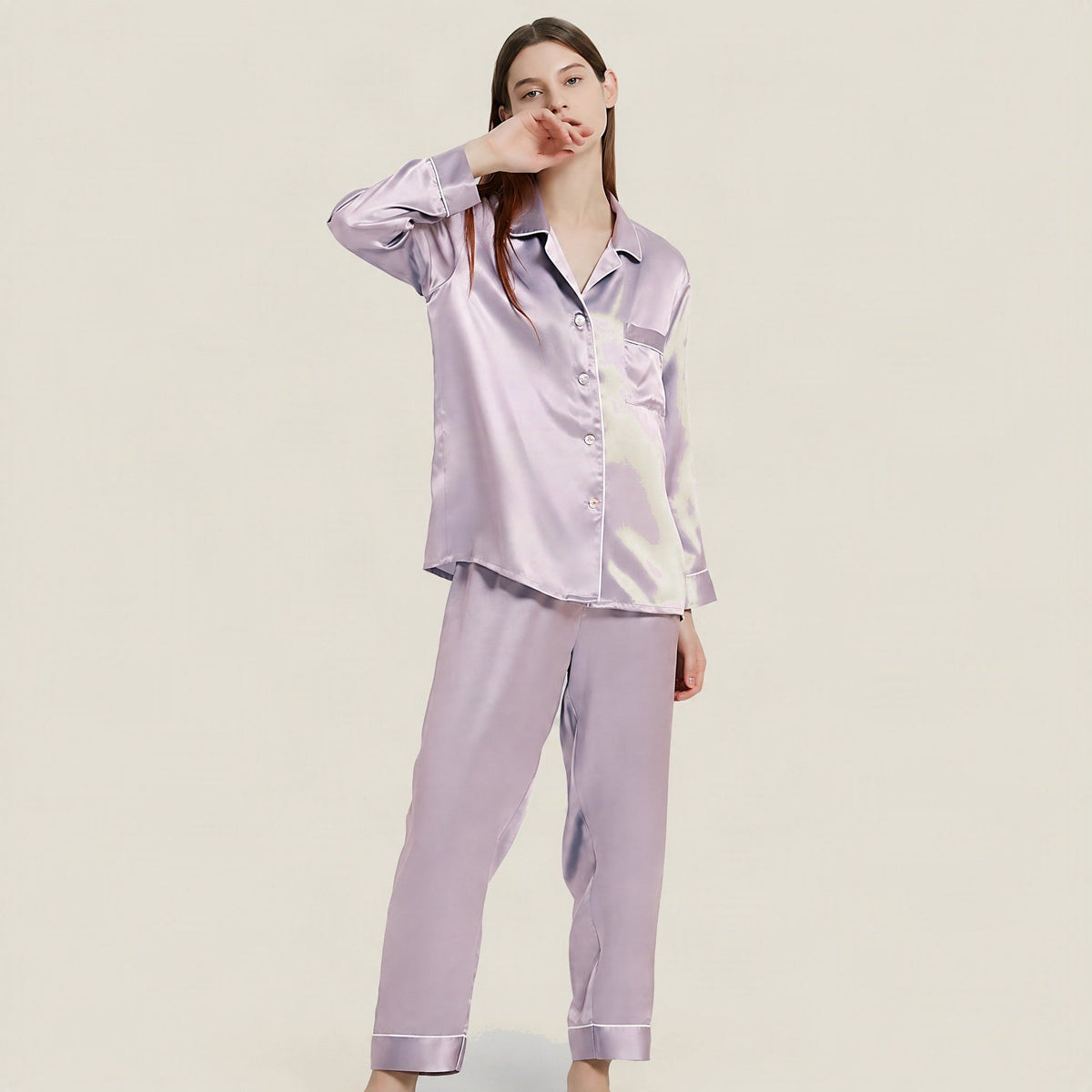Lavender 16 Momme Long Sleeve 100% Mulberry Silk Pajama Set – Women's Sleepwear Loungewear