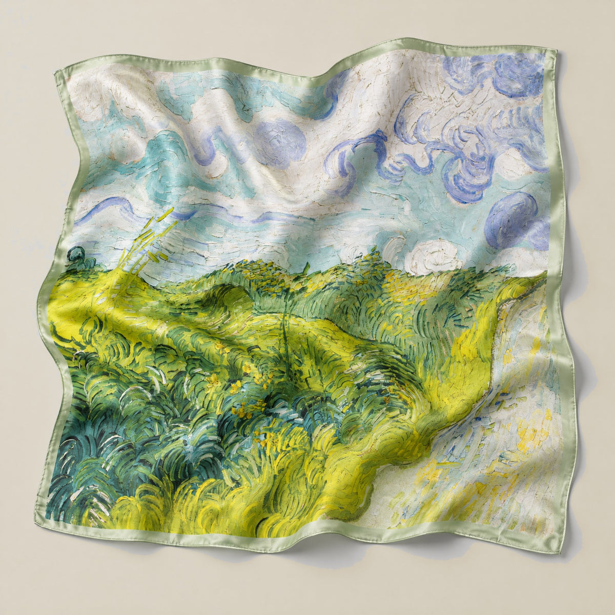 Oil Painting Prairie mulberry silk square scarf detail showing silk texture and print