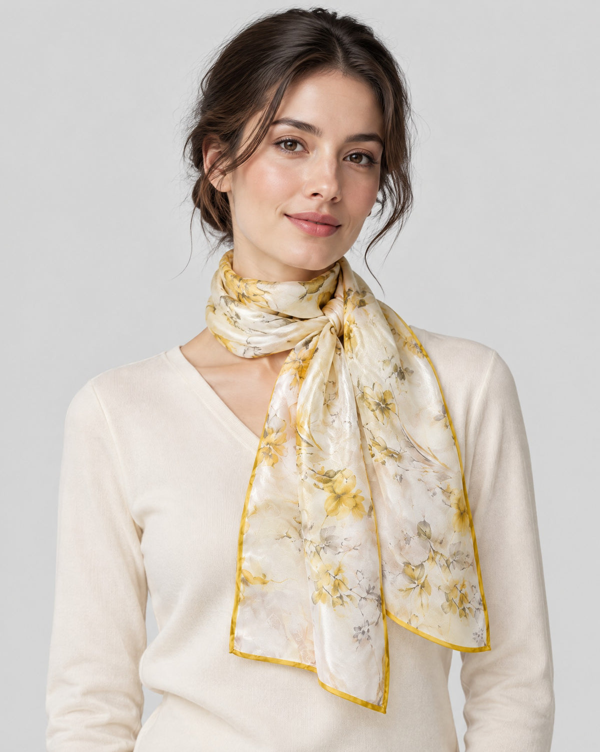 Pale Yellow Sprig Mulberry Silk Long Scarf – 22 x 67 in