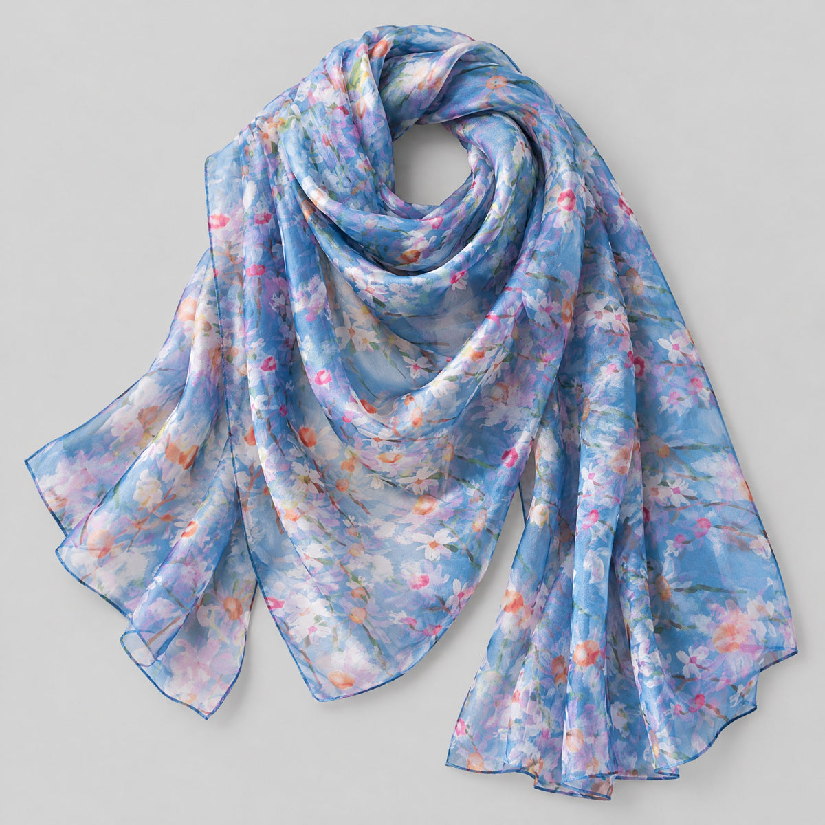 Blue Small Floral Mulberry Silk Scarf – 69 x 43 in