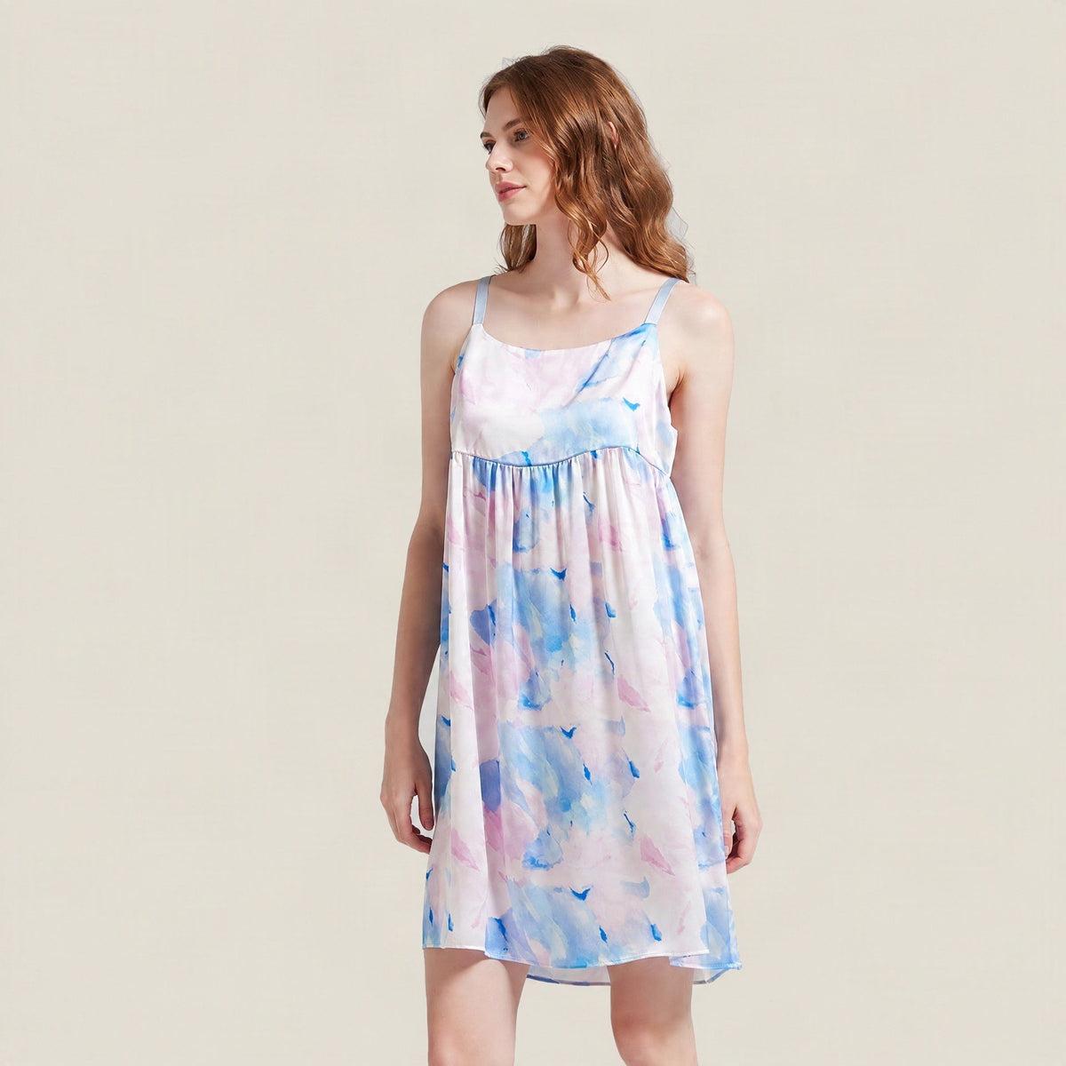 Blue and pink watercolour-print 19 momme mulberry silk sleeveless nightgown with thin straps, worn by a model