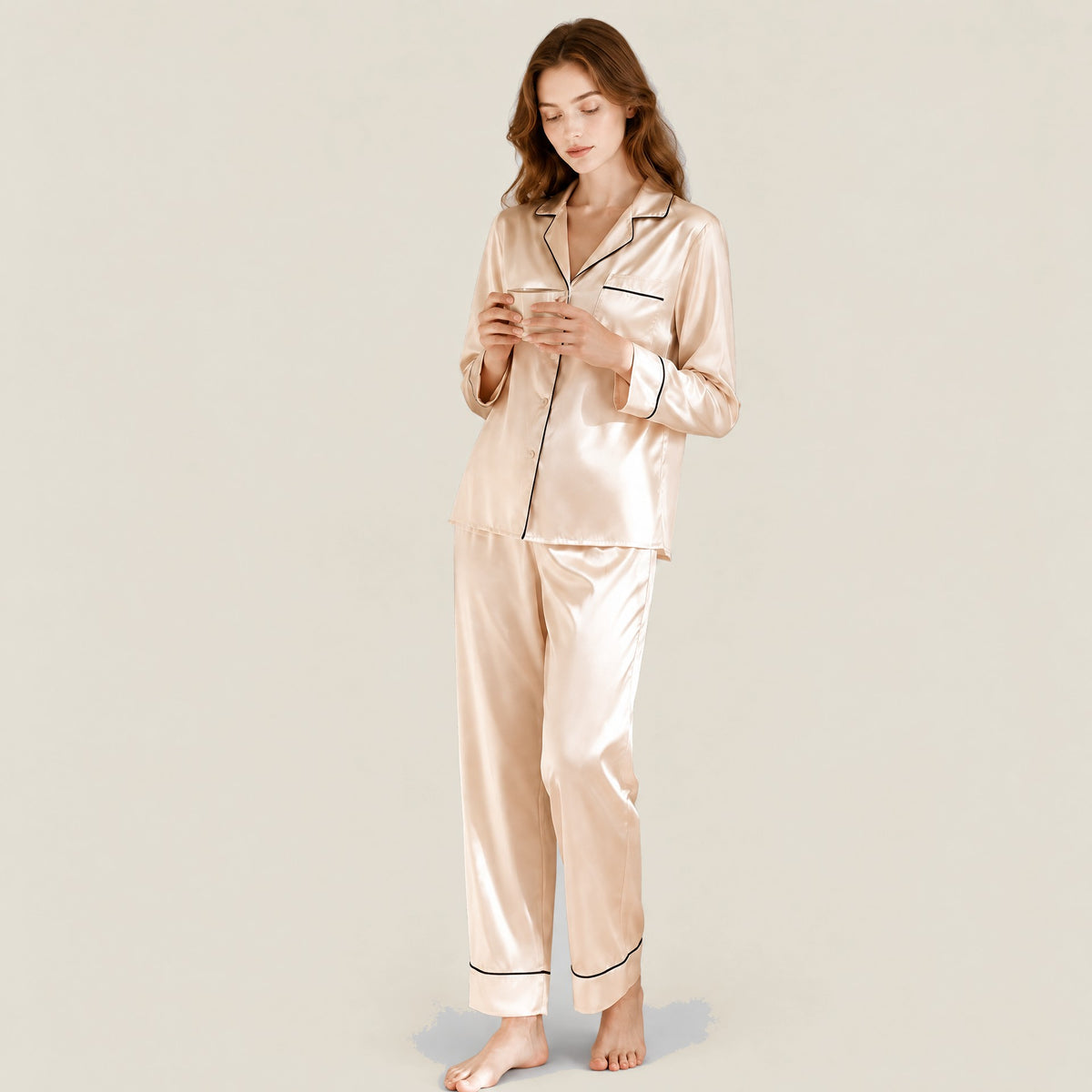 16 Momme Long Sleeve 100% Mulberry Silk Pajama Set – Button-Up with Contrast Piping