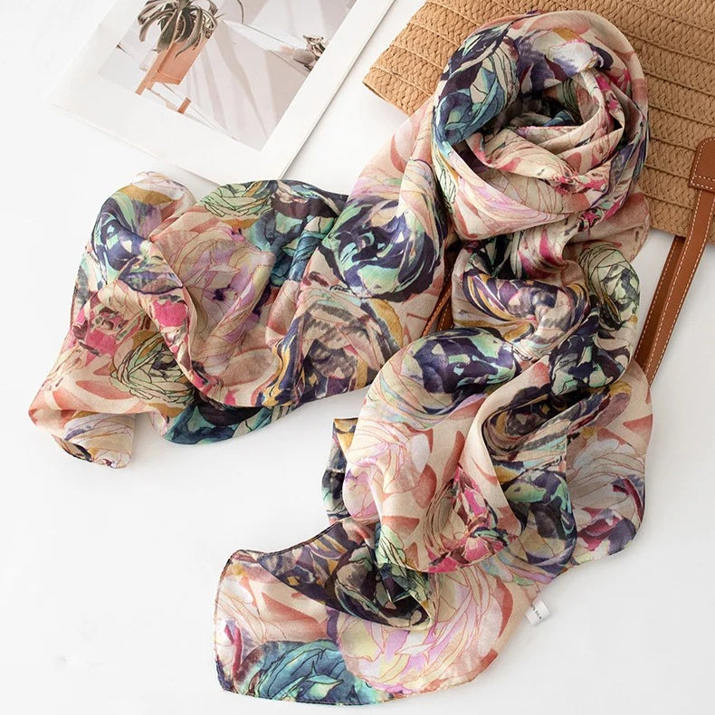 Long 100% Mulberry Silk Scarf – Bohemian Floral Lightweight Shawl, 43 x 69 in