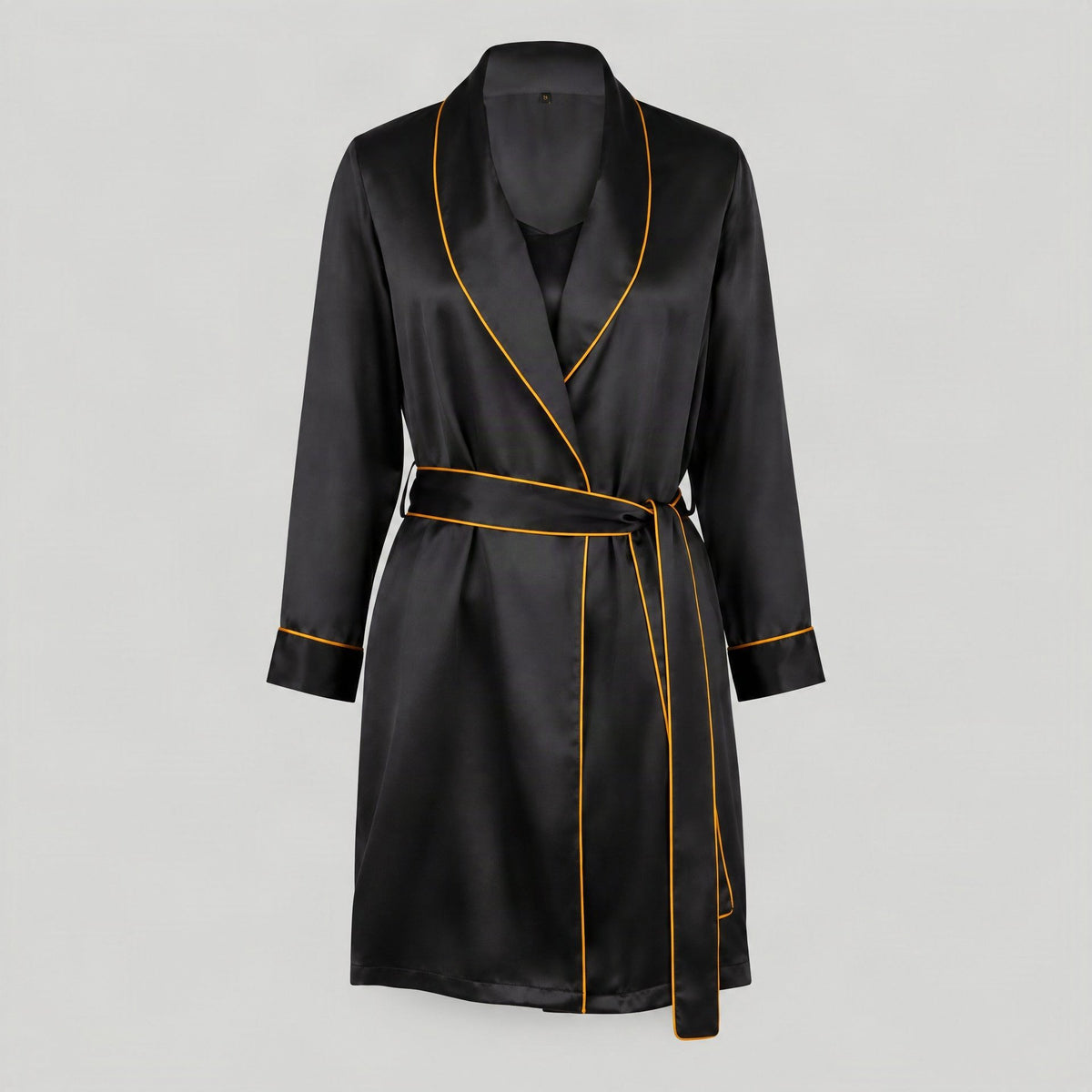 Black mulberry silk robe with gold piping and a tie belt, shown on its own