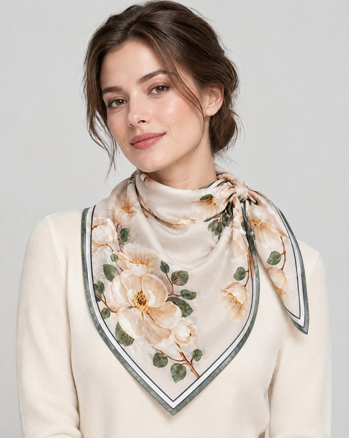 Beige Peony Mulberry Silk Square Scarf – 21 x 21 in