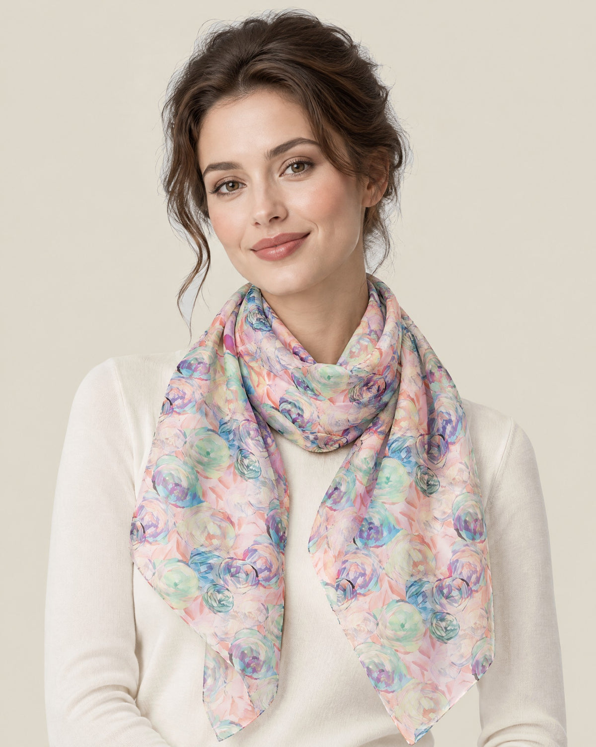 Woman wearing Pink diamond rose mulberry silk scarf, 69 x 43 in
