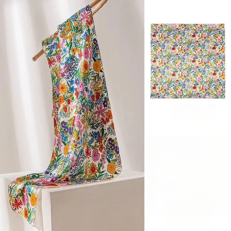Square & Long 100% Mulberry Silk Scarf – Floral Print Lightweight Shawl, 34 x 34 in