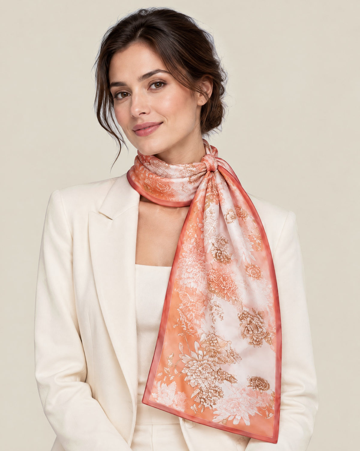 Woman wearing Orange mulberry silk long scarf