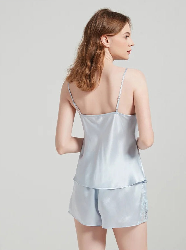 19 Momme Sleeveless 100% Mulberry Silk Pajama Set – V-Neck Lace-Trim Cami & Shorts