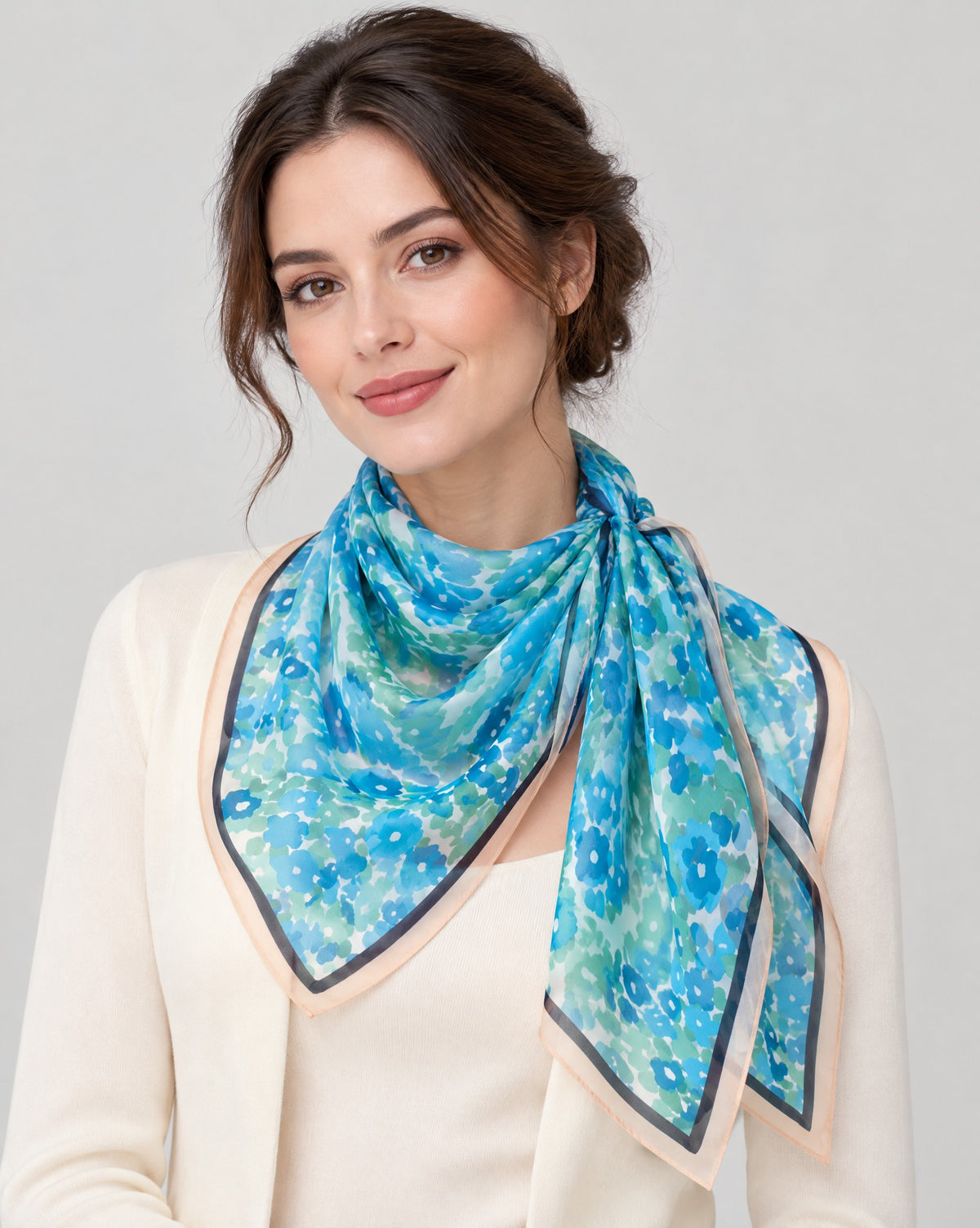 Blue Cartoon Floral Mulberry Silk Long Scarf – 16.5 x 63 in