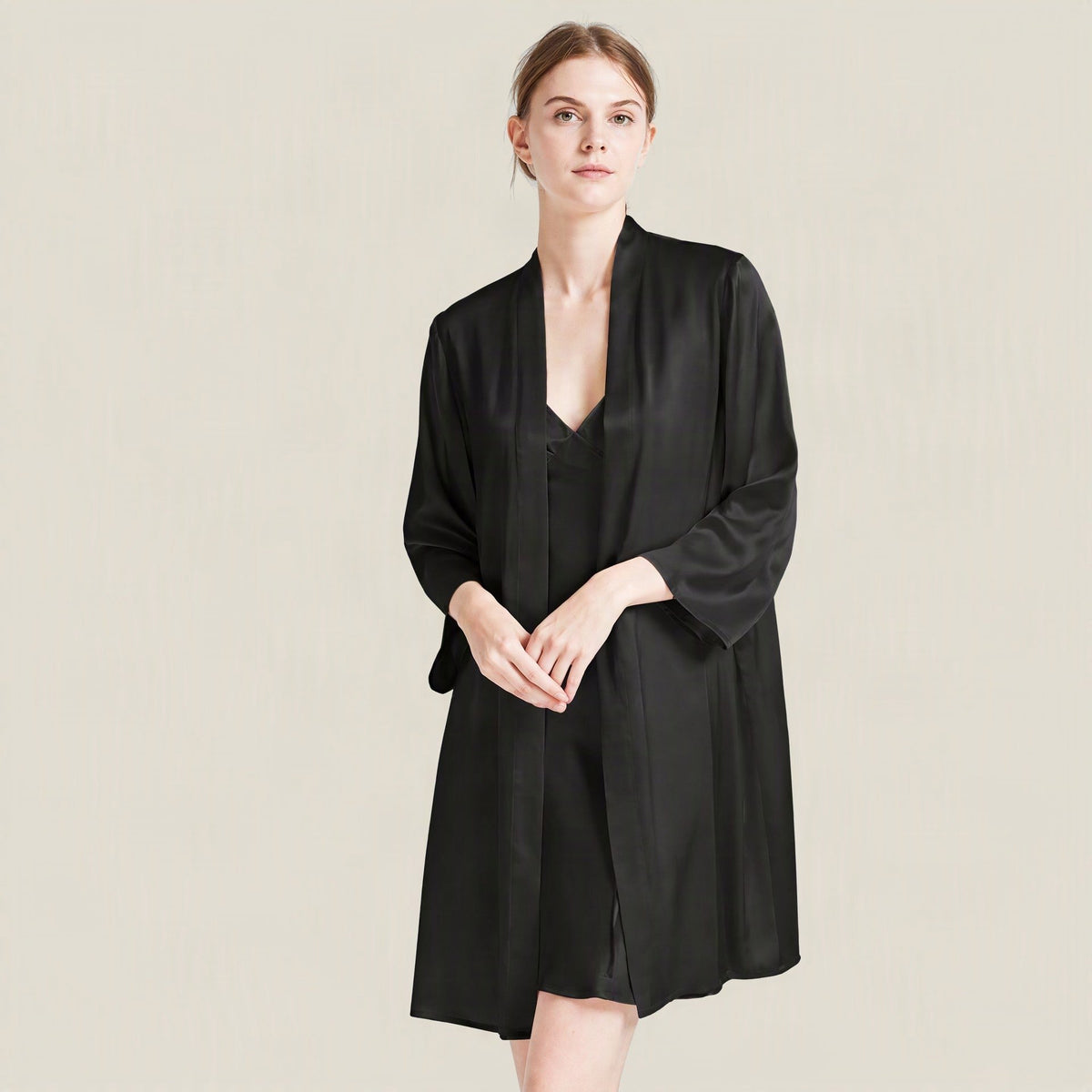 Black 19 Momme Classic 100% Mulberry Silk Robe & Camisole Set – Women's Sleepwear Loungewear