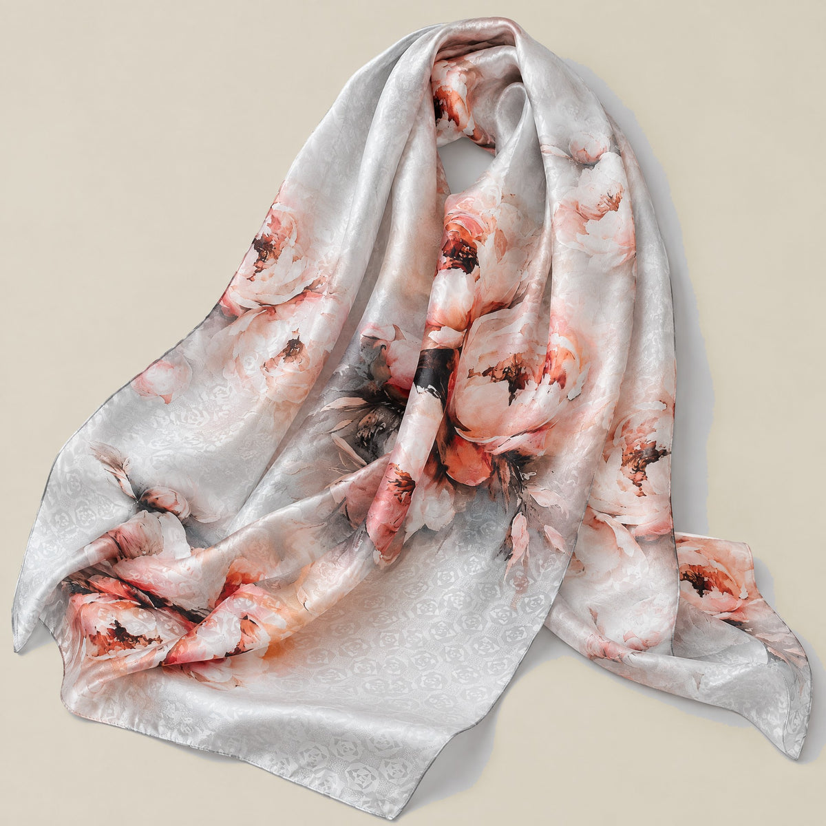 Watercolor rose mulberry silk scarf, 22 x 67 in detail showing silk texture and print