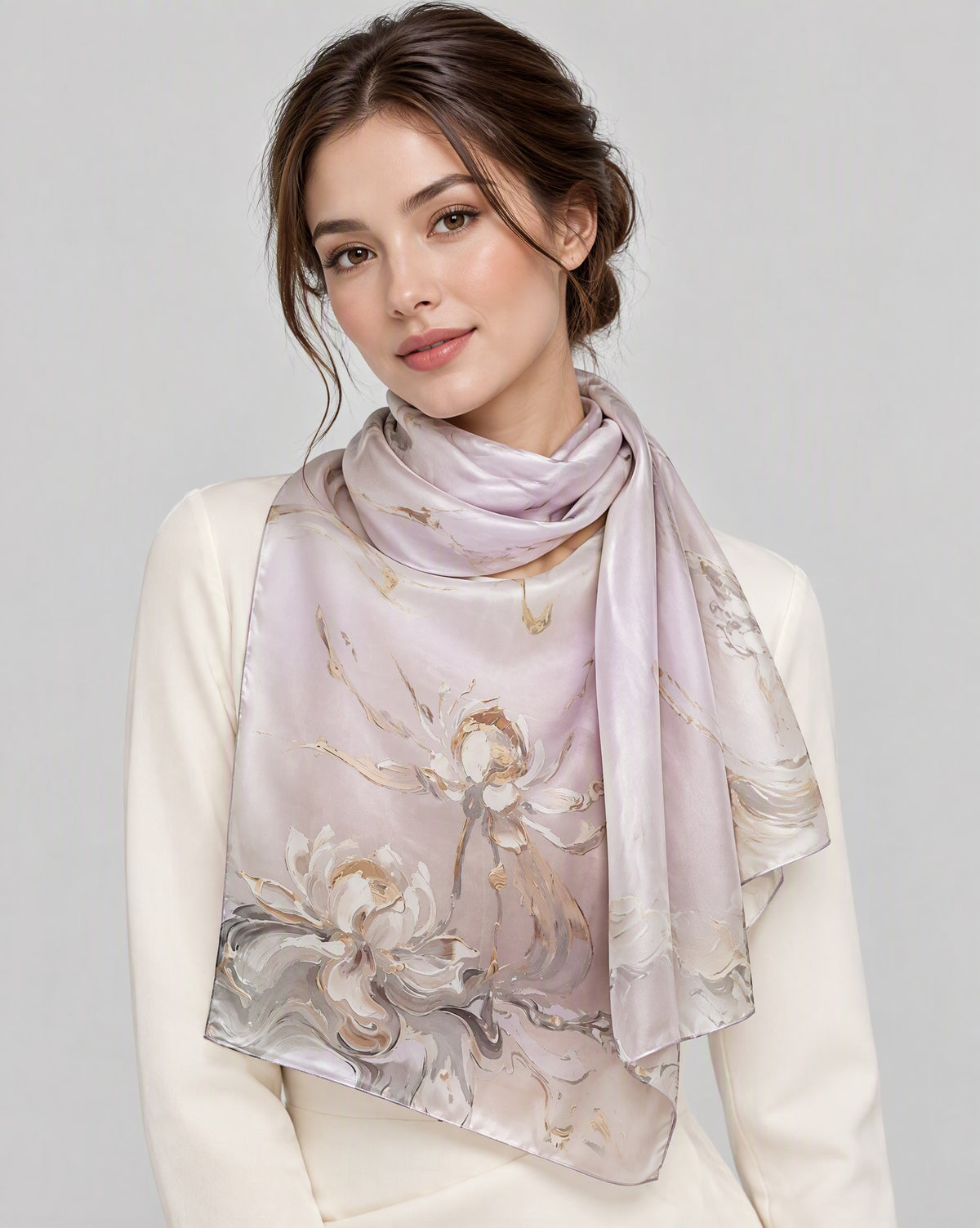 Lotus Rhyme Mulberry Silk Long Scarf – 22 x 68 in