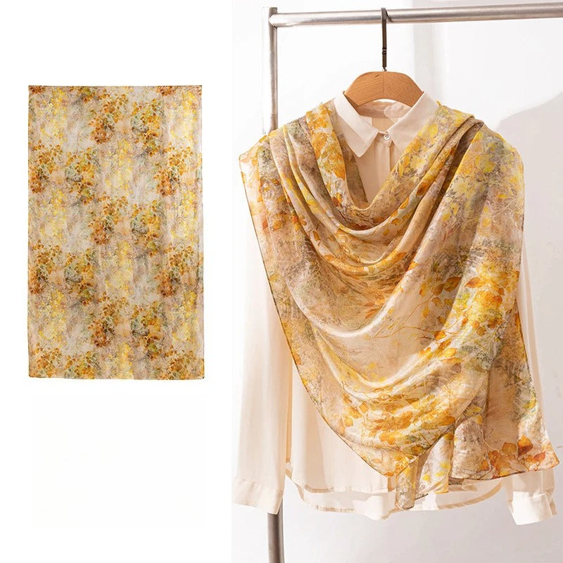 Long 100% Mulberry Silk Scarf – Bohemian Floral Lightweight Shawl, 43 x 69 in