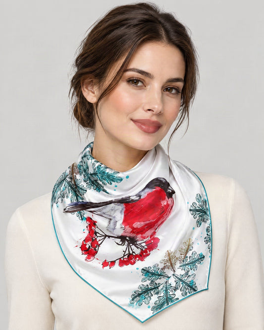 Orioles & Swallows Mulberry Silk Square Scarf – 43 x 43 in, worn tied at the neck over a cream top