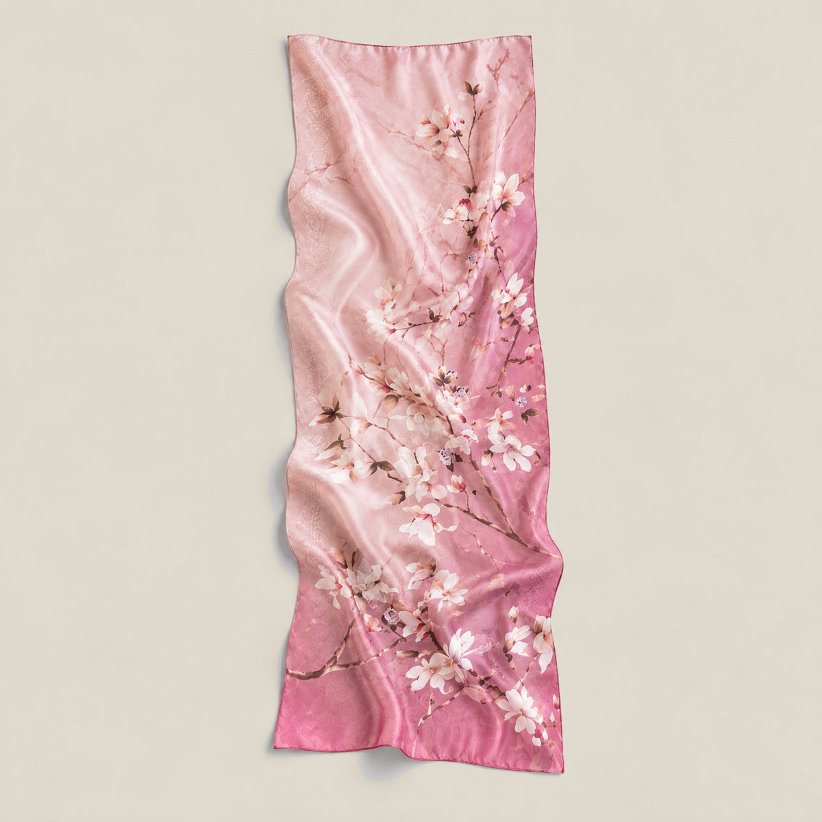 Plum blossom branch mulberry silk scarf, 22 x 67 in detail showing silk texture and print