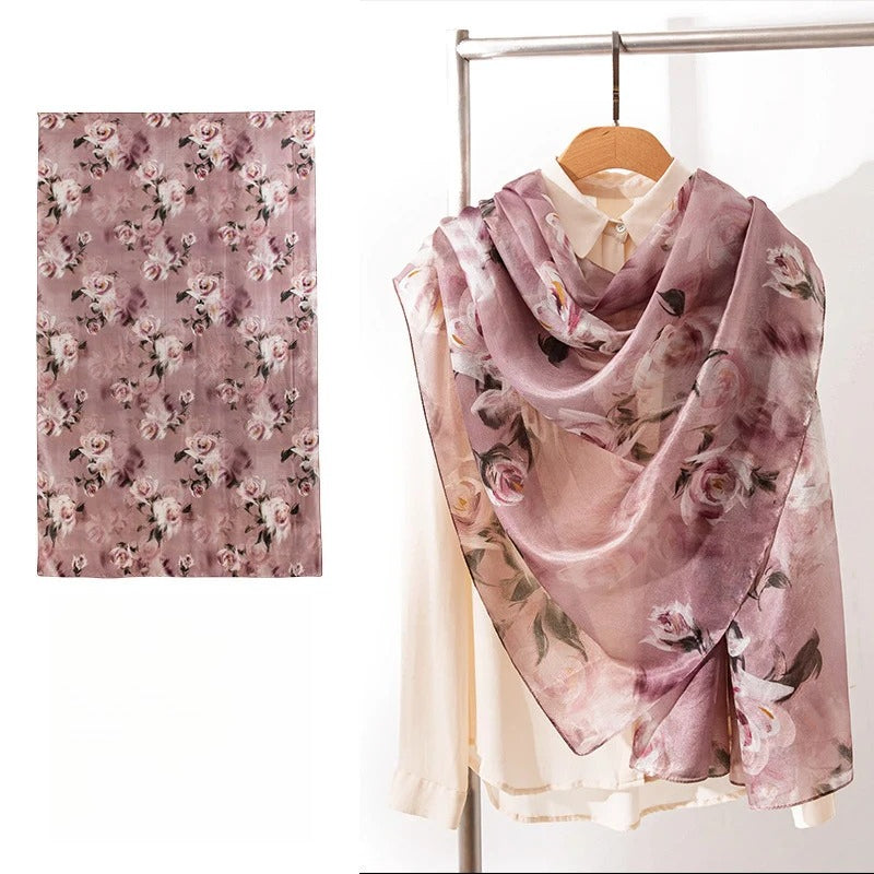 Long 100% Mulberry Silk Scarf – Bohemian Floral Lightweight Shawl, 43 x 69 in