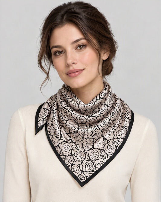 Camellia Shadow Mulberry Silk Square Scarf – 26 x 26 in, worn tied at the neck over a cream top