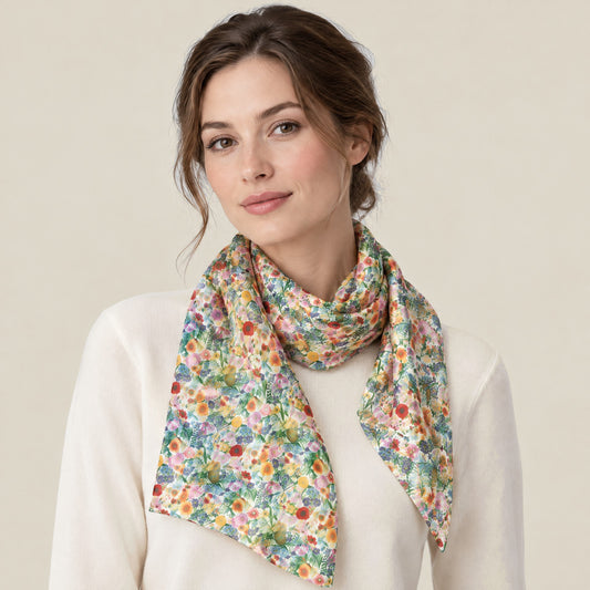 Woman wearing Green small floral mulberry silk scarf