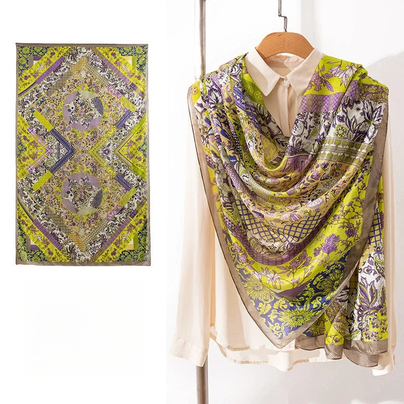 Long 100% Mulberry Silk Scarf – Bohemian Floral Lightweight Shawl, 43 x 69 in