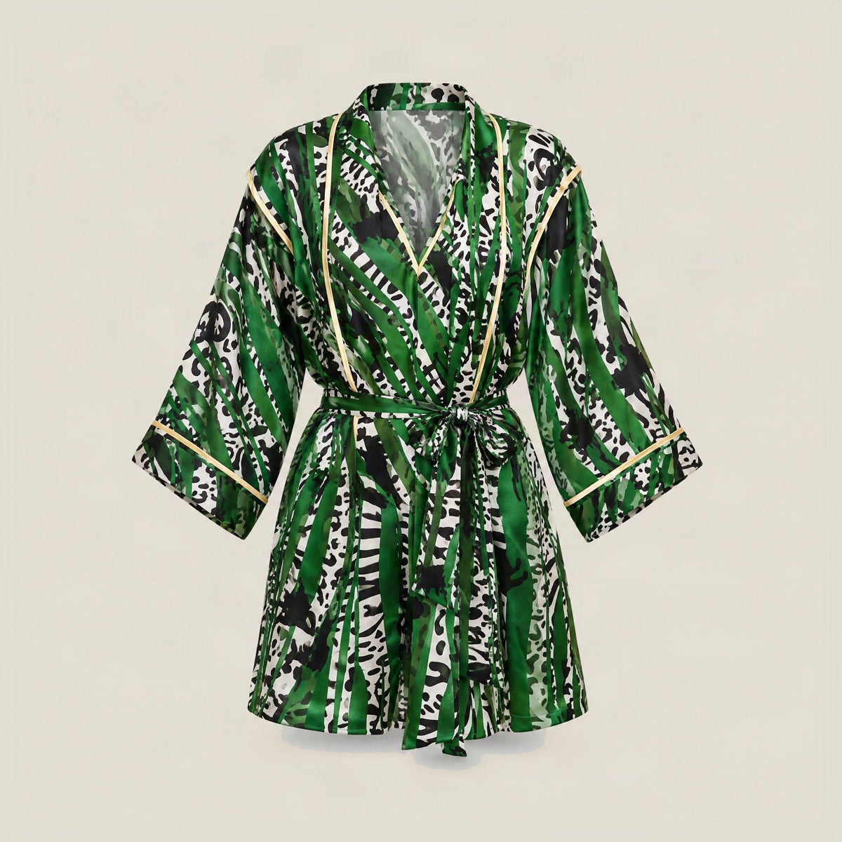 Front view of a short mulberry silk robe with a V-neck and artistic Symbiosis print on a mannequin.