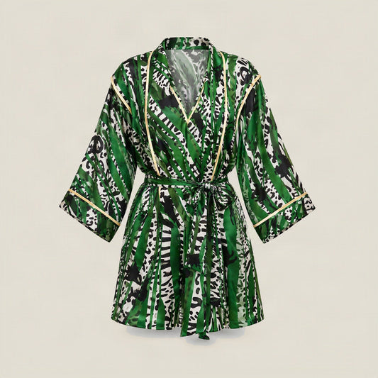 Front view of a short mulberry silk robe with a V-neck and artistic Symbiosis print on a mannequin.