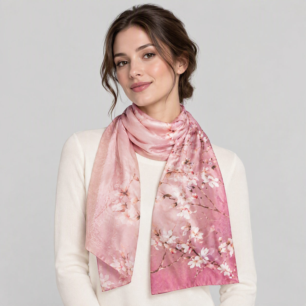Plum Blossom Branch Mulberry Silk Long Scarf – 22 x 67 in