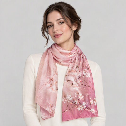 Plum Blossom Branch Mulberry Silk Long Scarf – 22 x 67 in, worn tied at the neck over a cream top