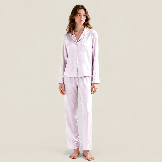 22 Momme Long Sleeve 100% Mulberry Silk Pajama Set – Button-Up with Contrast Piping