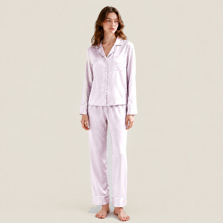 22 Momme Long Sleeve 100% Mulberry Silk Pajama Set – Button-Up with Contrast Piping