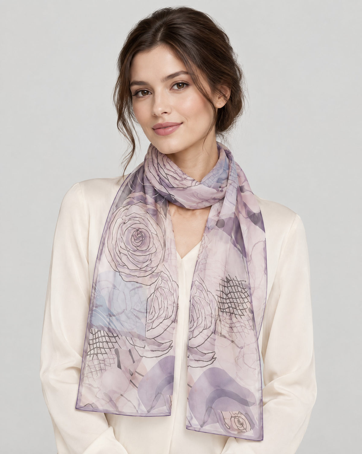 Light Purple Camellia Mulberry Silk Long Scarf – 16.5 x 63 in