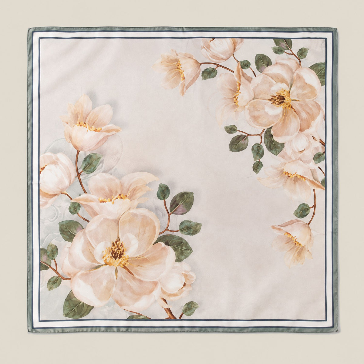 Beige Peony mulberry silk square scarf