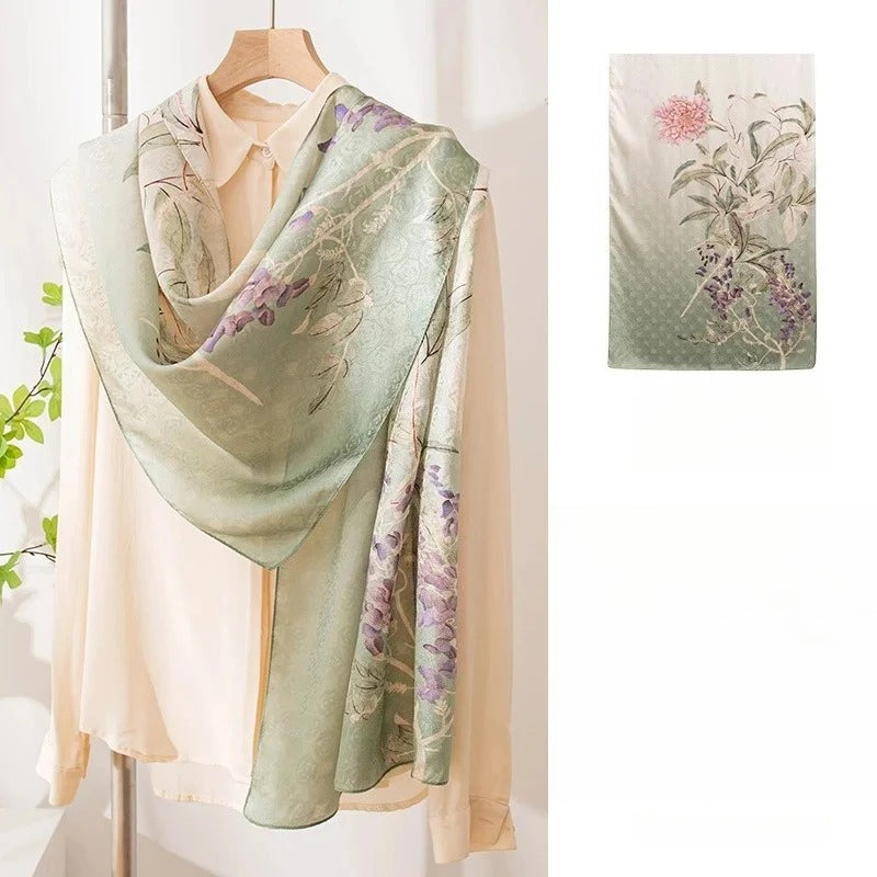Long 100% Mulberry Silk Scarf – Floral Print Pashmina Wrap, 22 x 67 in, Gift Boxed