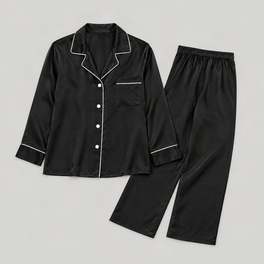 Mulberry silk pajama set laid flat, full garment view