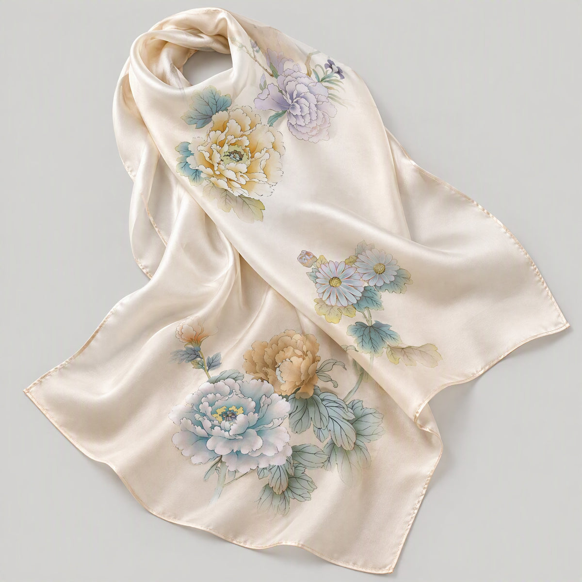 Pastel Scroll Mulberry Silk Long Scarf – 22 x 68 in