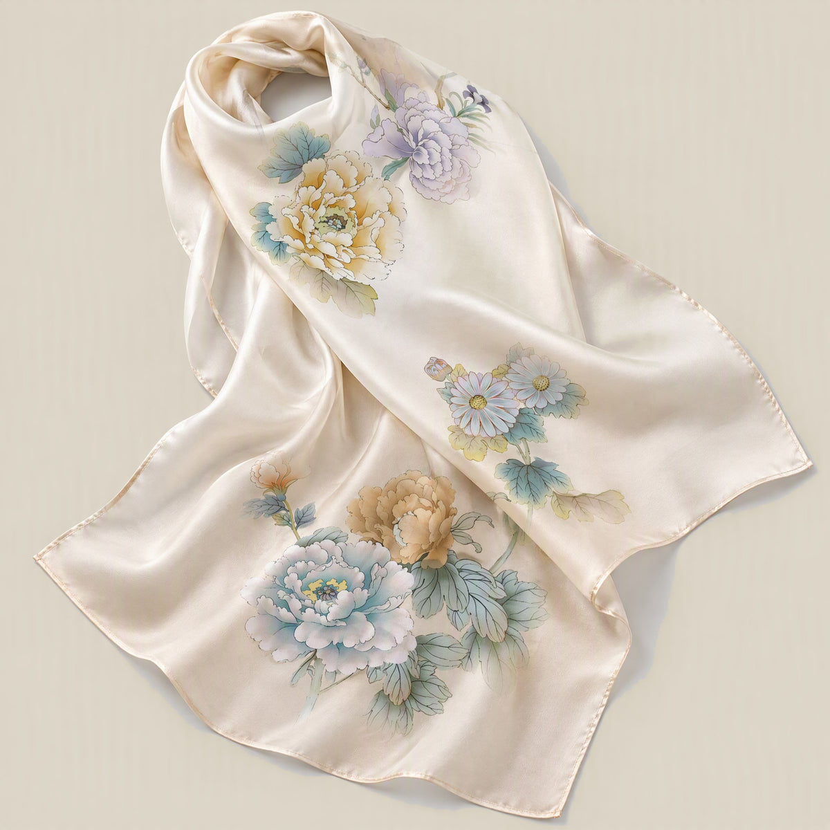 Pastel scroll mulberry silk scarf detail showing silk texture and print