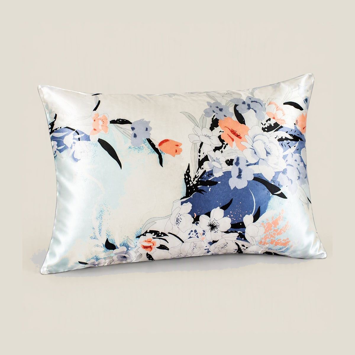 Aqua Peony printed mulberry silk pillowcase