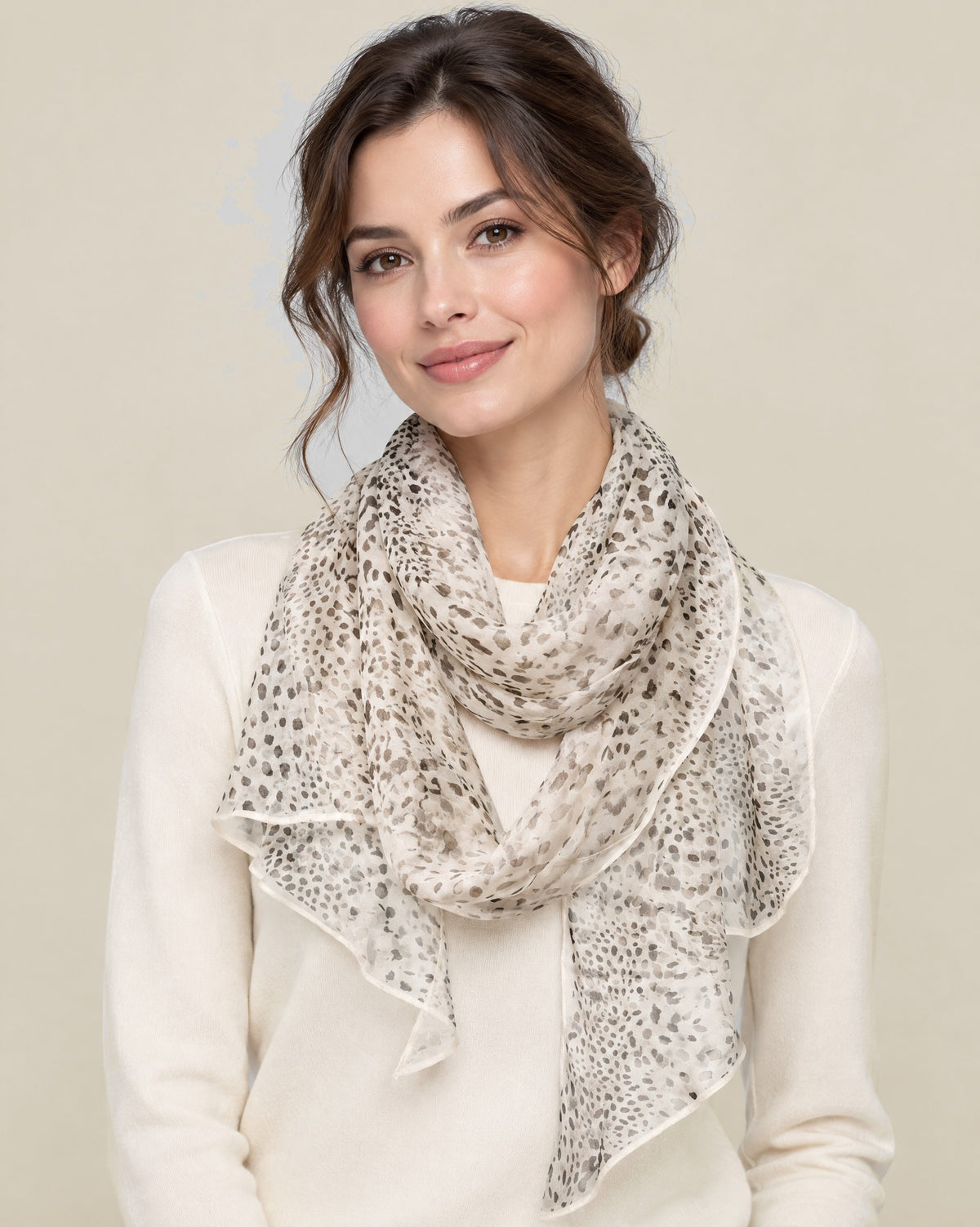 Woman wearing Snow Leopard Spirit mulberry silk scarf
