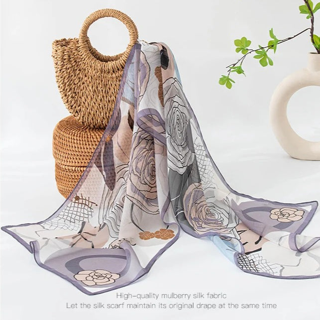 Long 100% Mulberry Silk Scarf – Botanical Print Lightweight Shawl, 16 x 63 in
